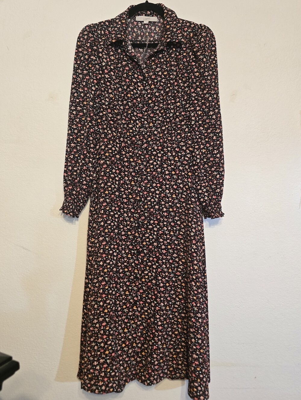 LOFT NWT Black Pink Ditsy Floral Long Sleeve Maxi Shirt Dress Size 2